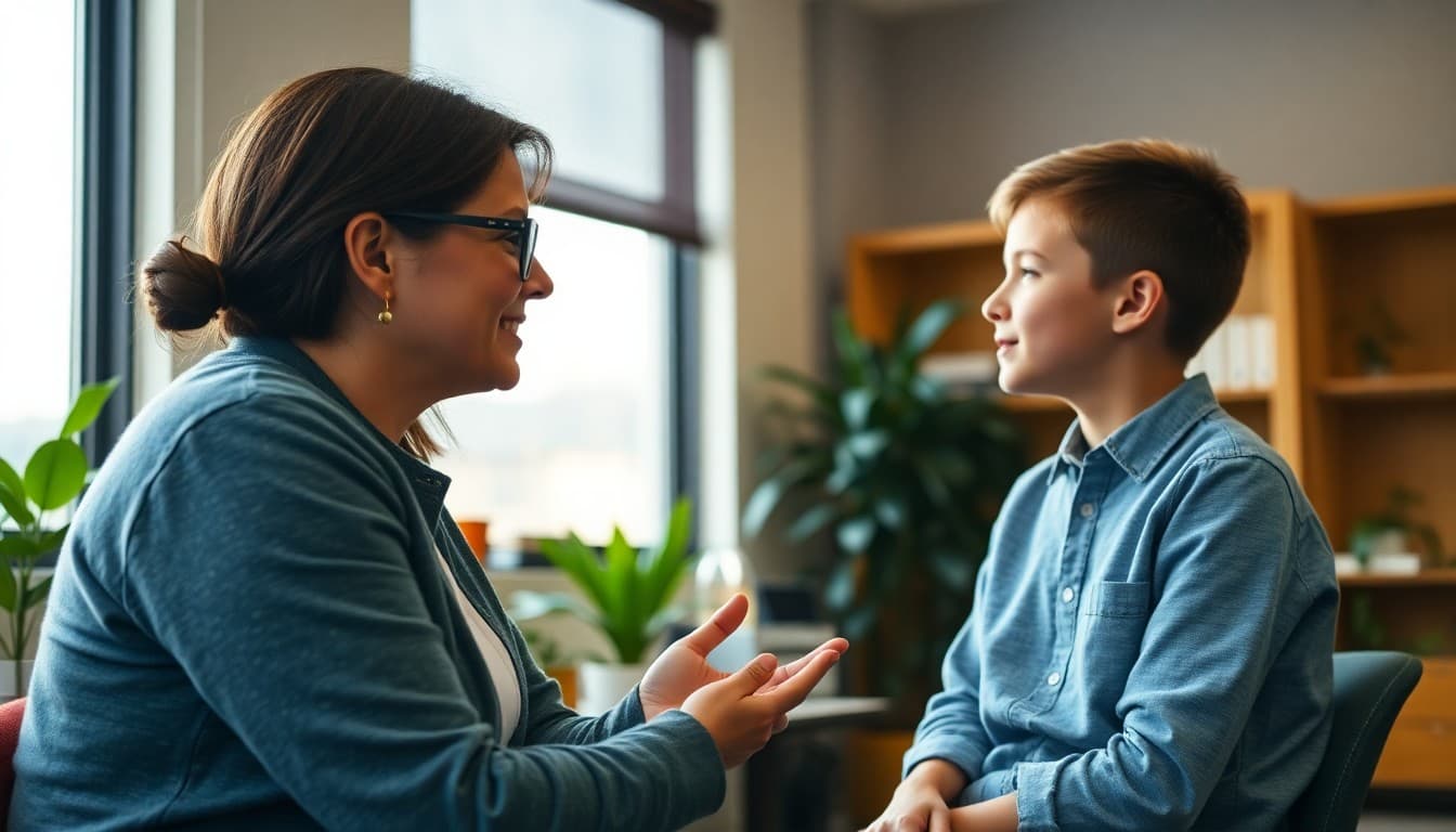 School counselor speaking with a student in a comfortable office setting with plants and natural light