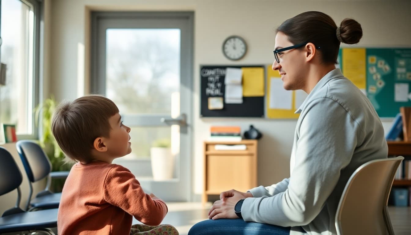 School counselor speaking with a student in a welcoming counseling office at an elementary school