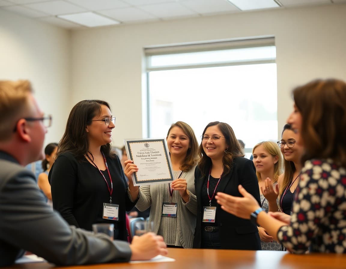 School district staff celebrating a national recognition award at a district event