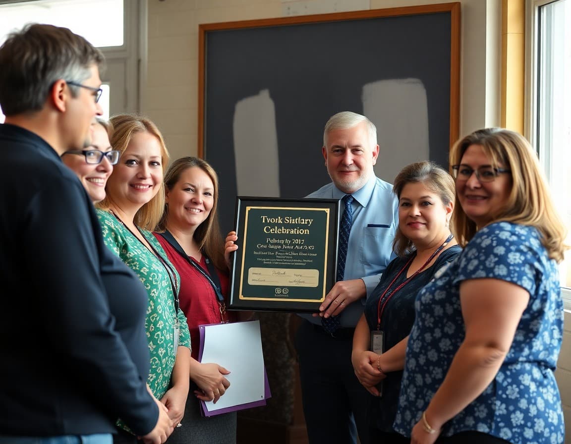 School staff gathered around a recognition plaque at a district celebration event