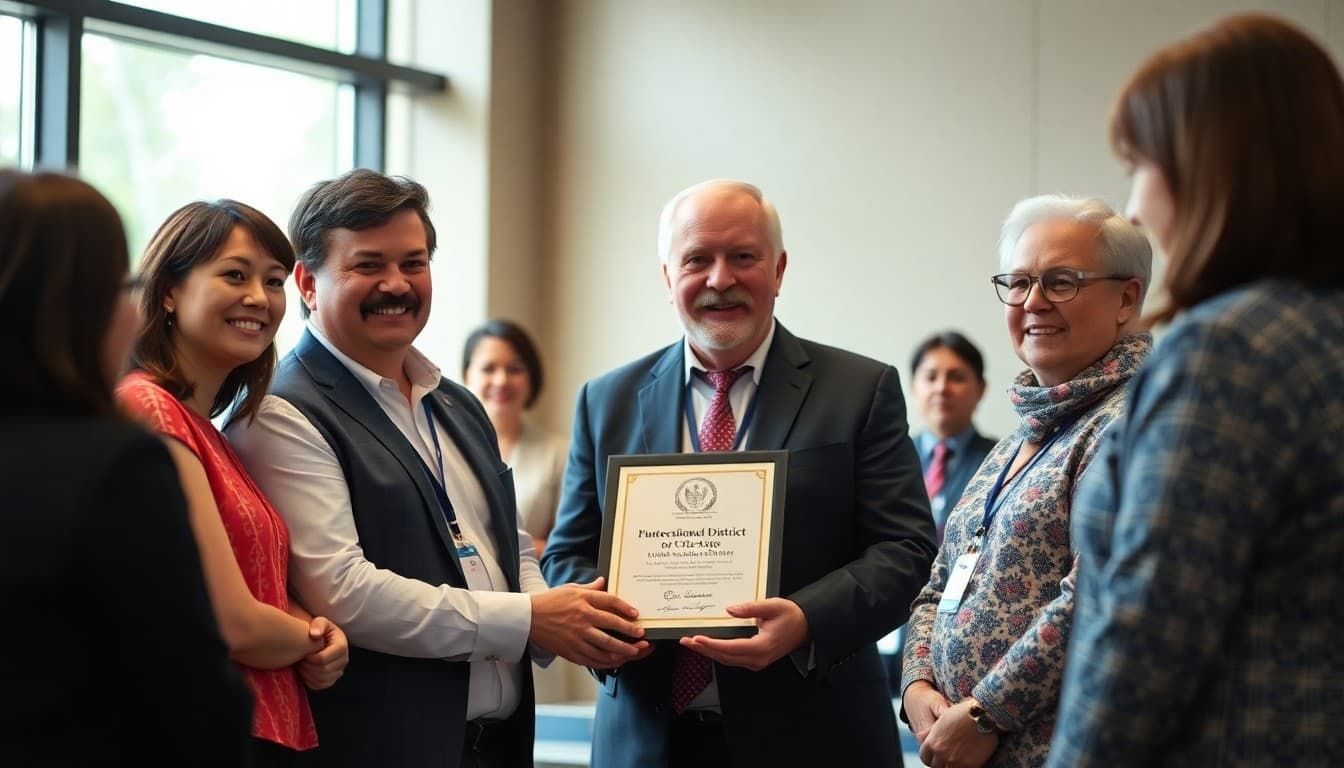 Superintendent and district leaders accepting a national education award at a conference ceremony