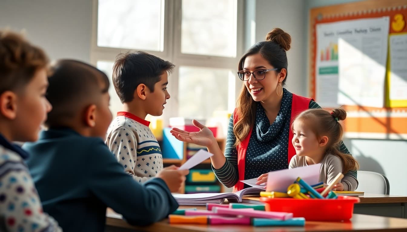 Elementary teacher introducing a new curriculum lesson to engaged students with colorful materials
