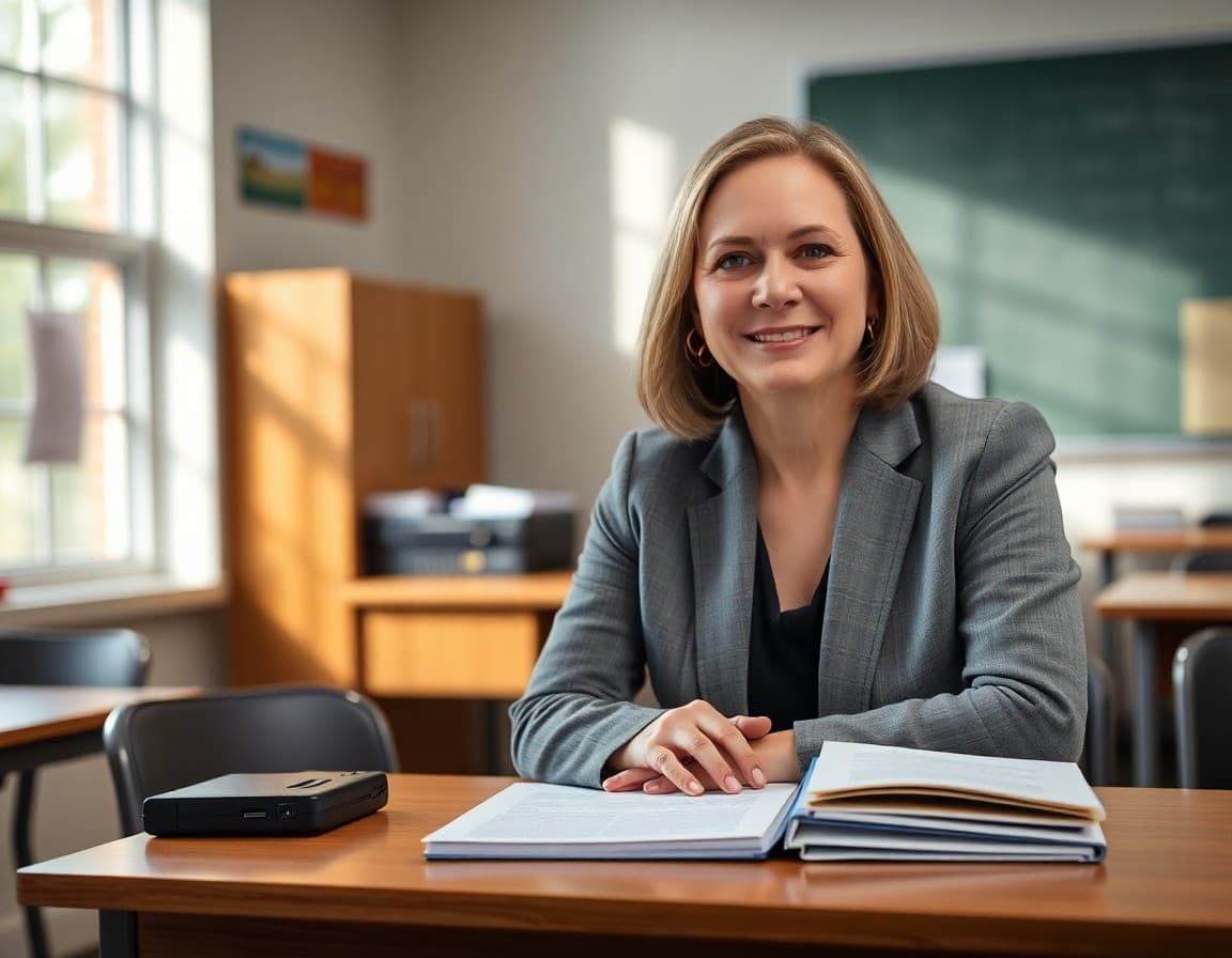 Professional headshot of a new district administrator alongside a welcome letter on a desk