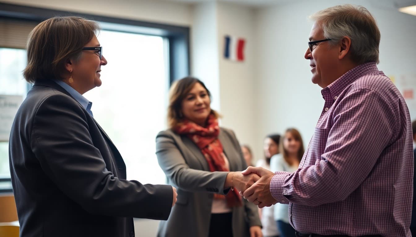 New district administrator shaking hands with superintendent at a welcome event in a school building