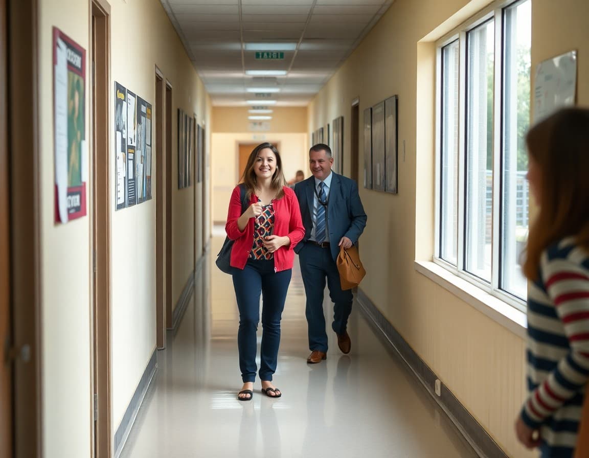 New teacher shaking hands with a principal in a school hallway before the school year begins