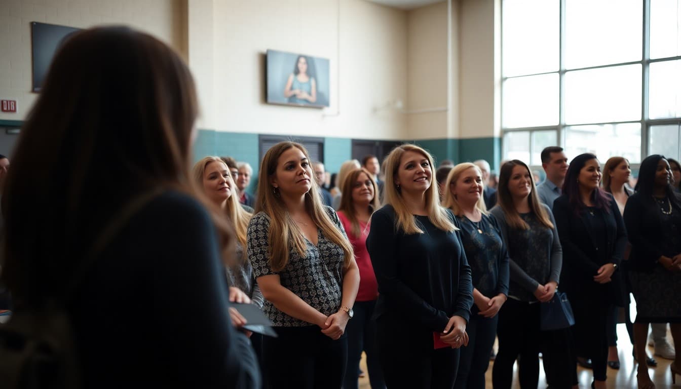 Group of new teachers being welcomed at a district orientation session in a school gymnasium