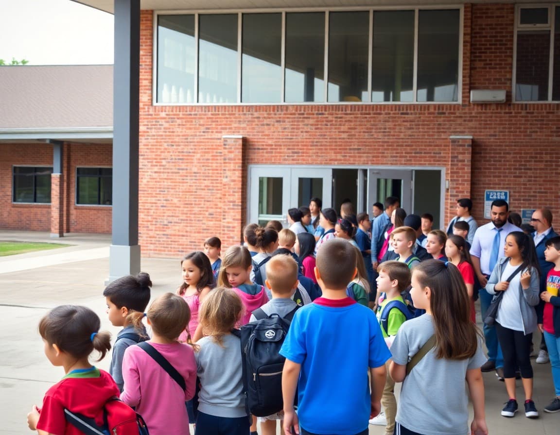 New school building exterior with students and staff gathered for the first day opening
