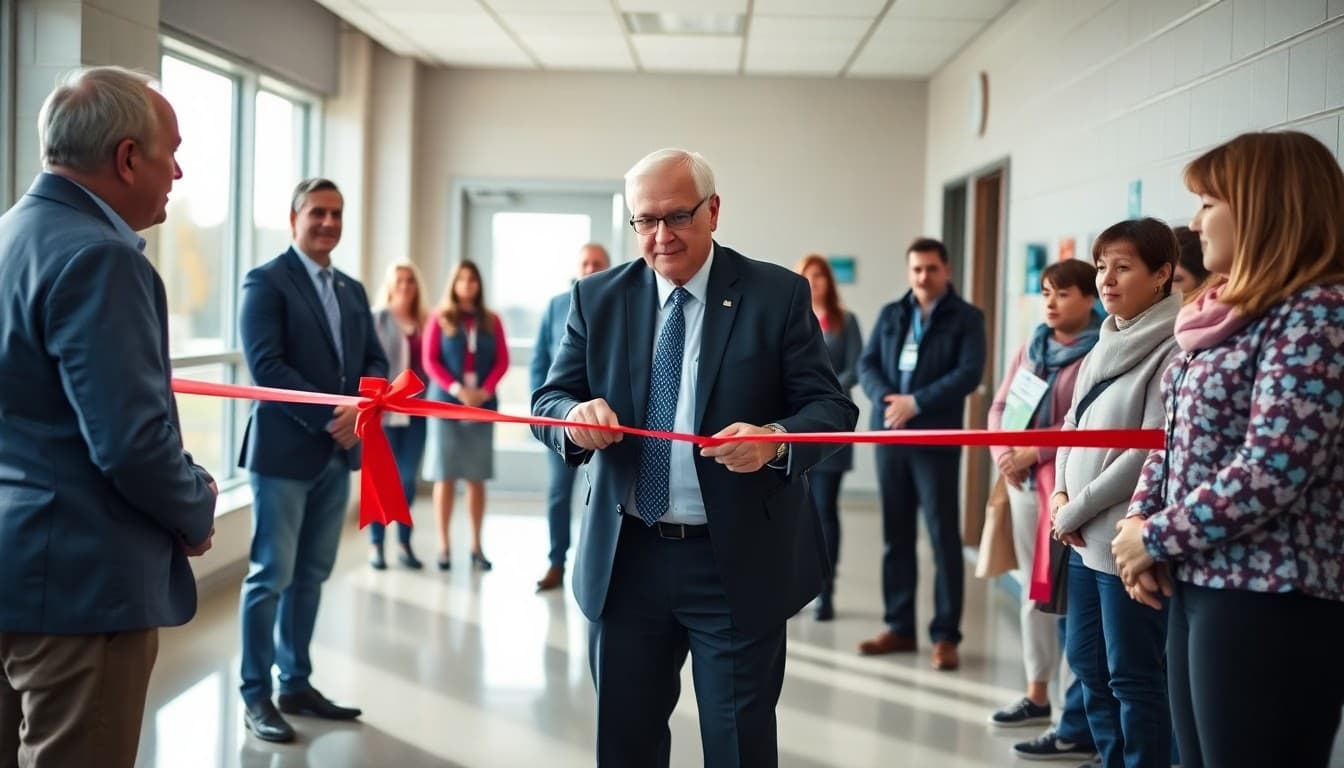 Ribbon-cutting ceremony at a new school building with the superintendent and community members present