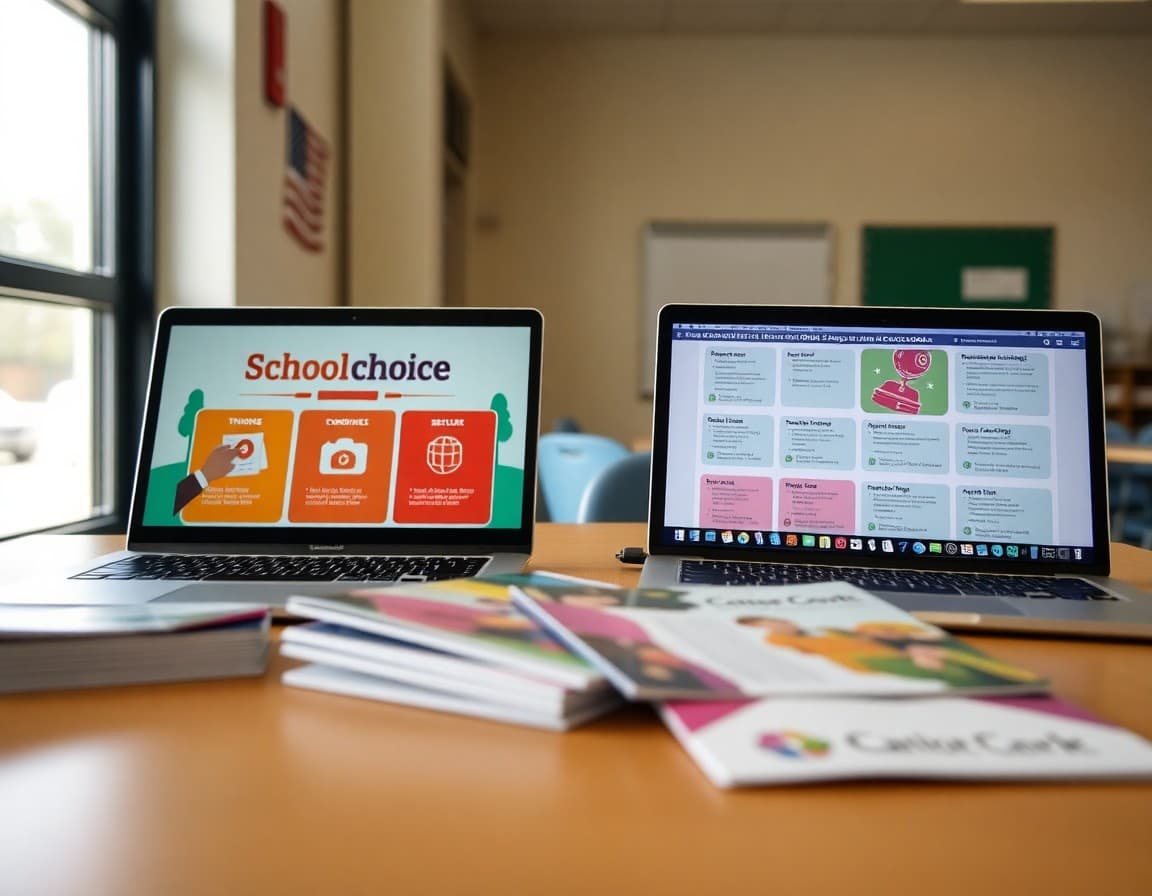 School choice brochures and a laptop showing district school program options on a table