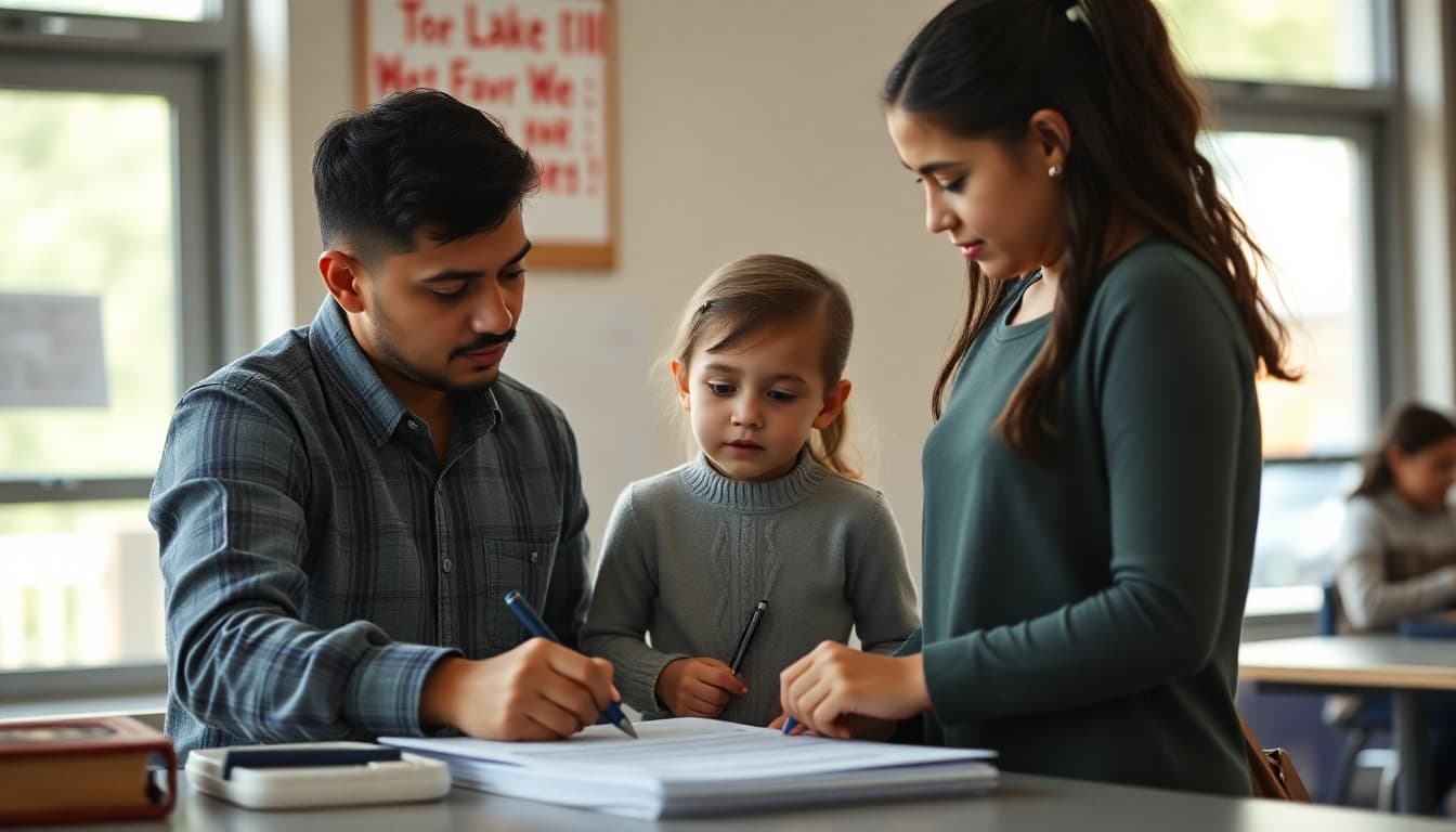Family completing a school enrollment application at a district registration event