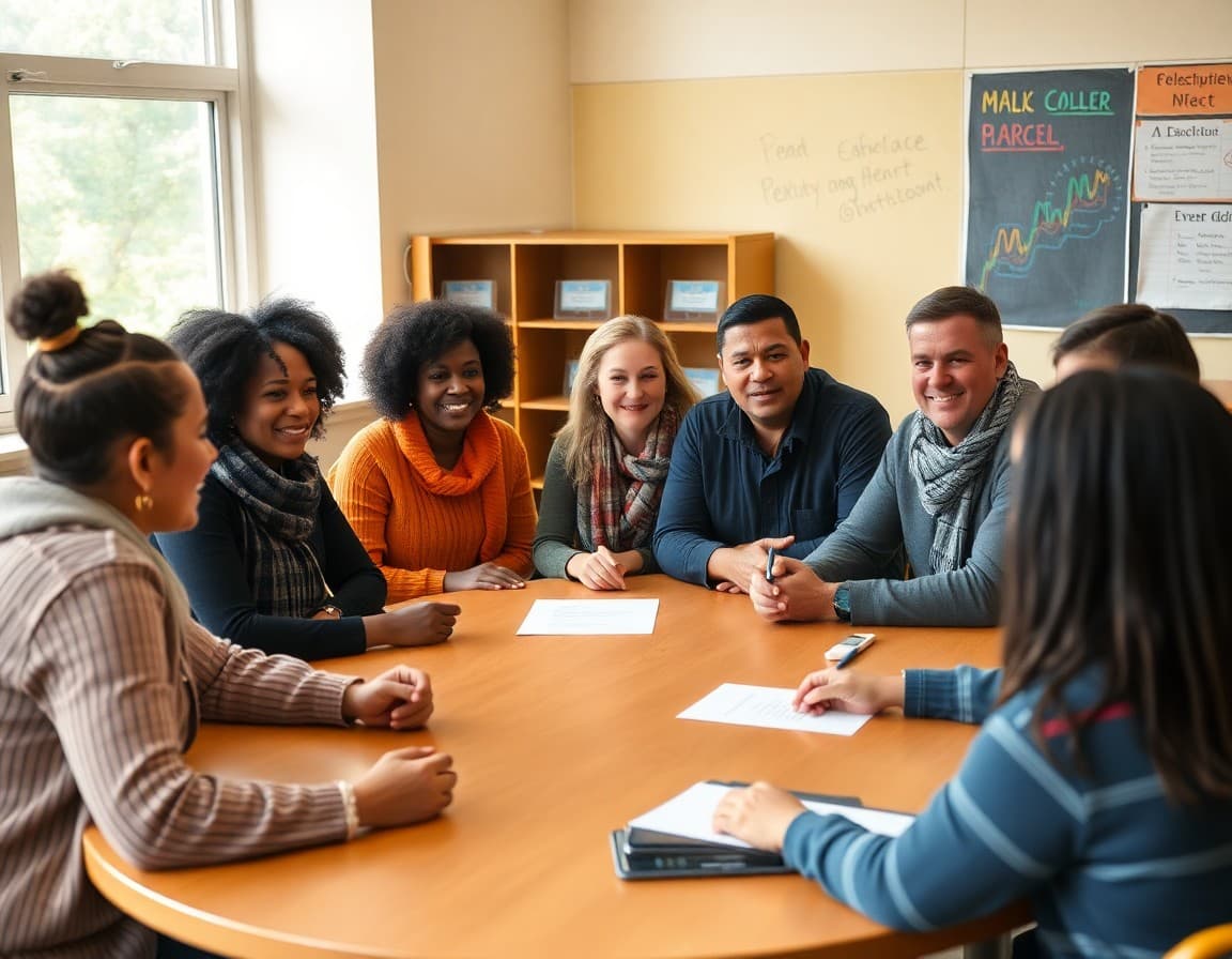 Diverse group of parent representatives meeting with a district administrator at a round table
