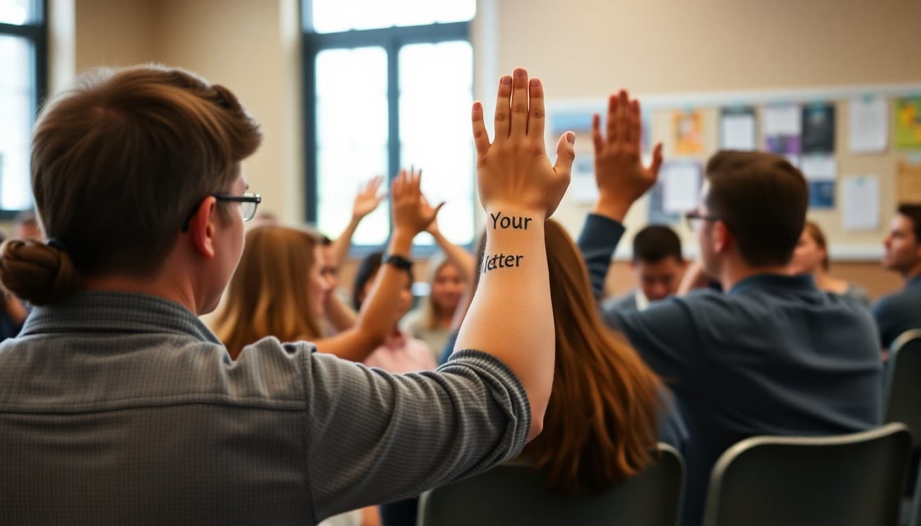 Parents raising hands to volunteer at a district community engagement meeting