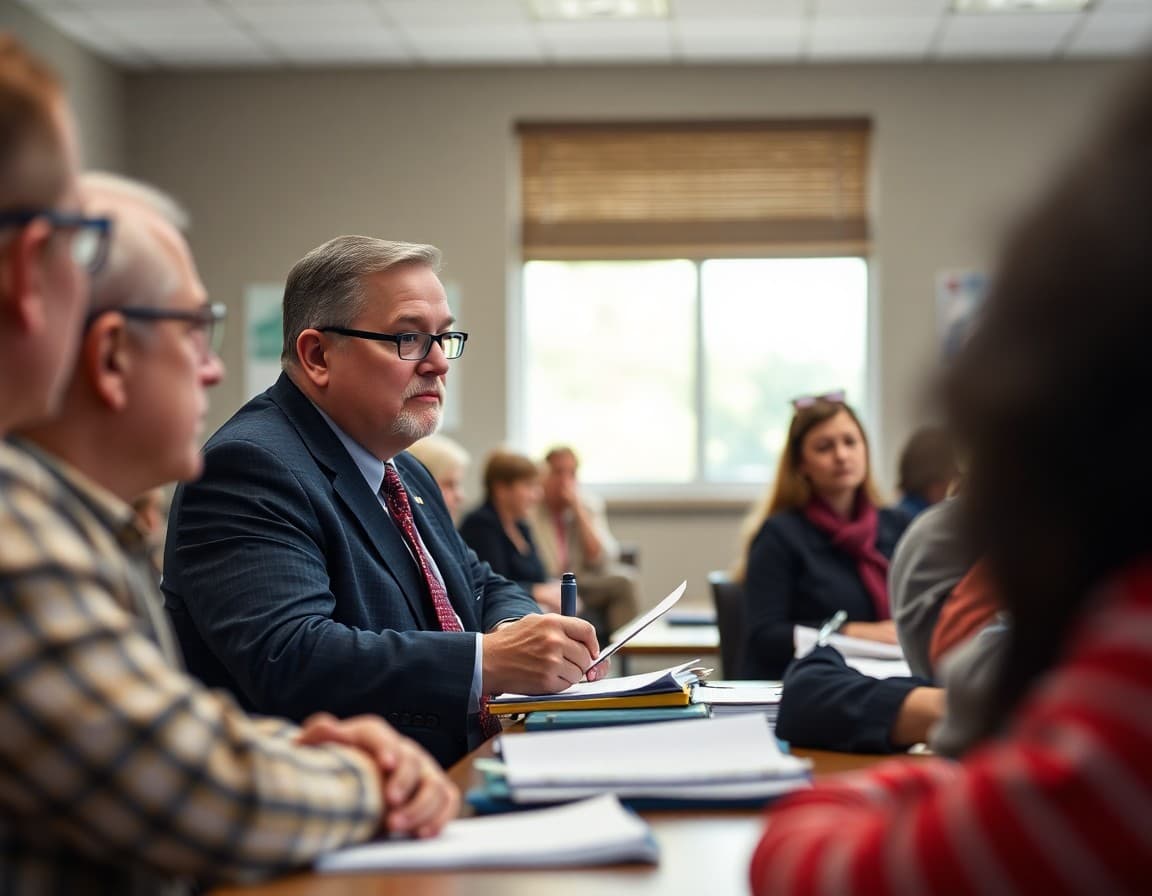Superintendent taking notes during a parent question-and-answer session at a community meeting