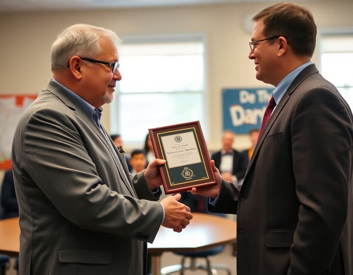 Superintendent presenting an award to a principal at a district leadership recognition ceremony