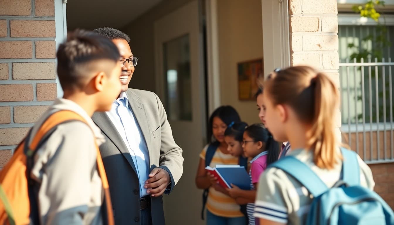 Principal greeting students at the school entrance with a warm smile on a bright morning