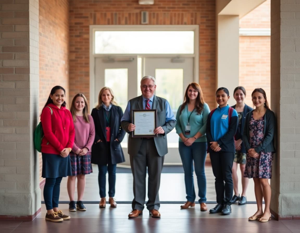 Award-winning principal standing with students and teachers at their school building entrance