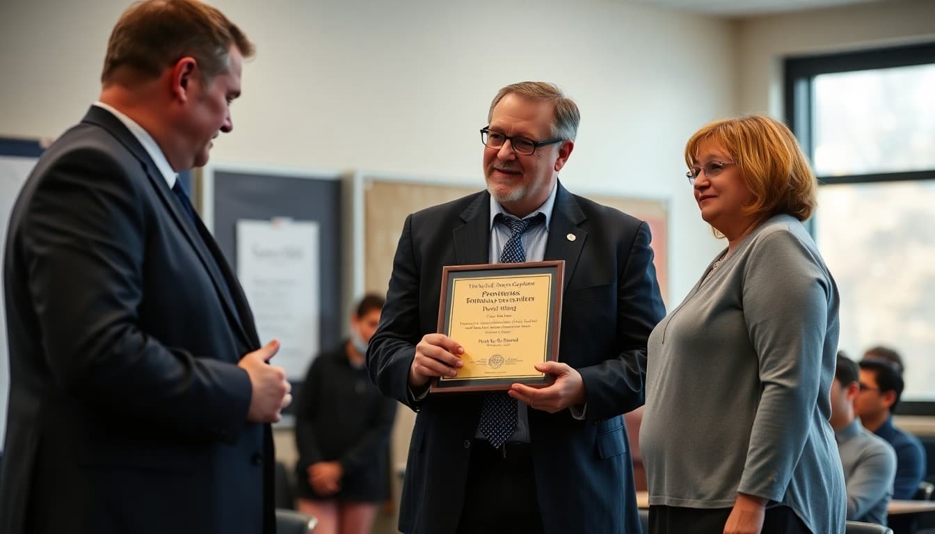 Superintendent presenting a principal recognition award at a district leadership ceremony