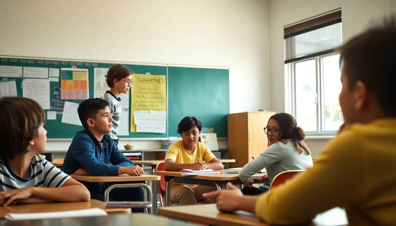 Teacher facilitating a student-led discussion in an engaged middle school classroom