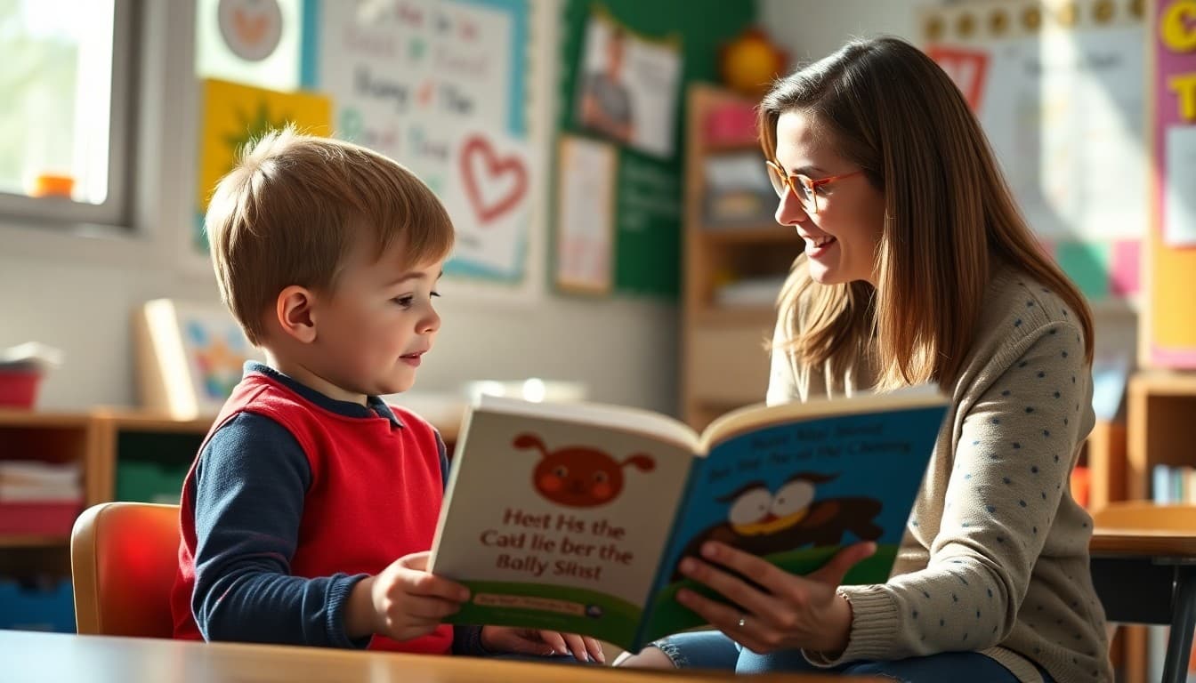 First grader reading a picture book aloud to a teacher during a small group lesson