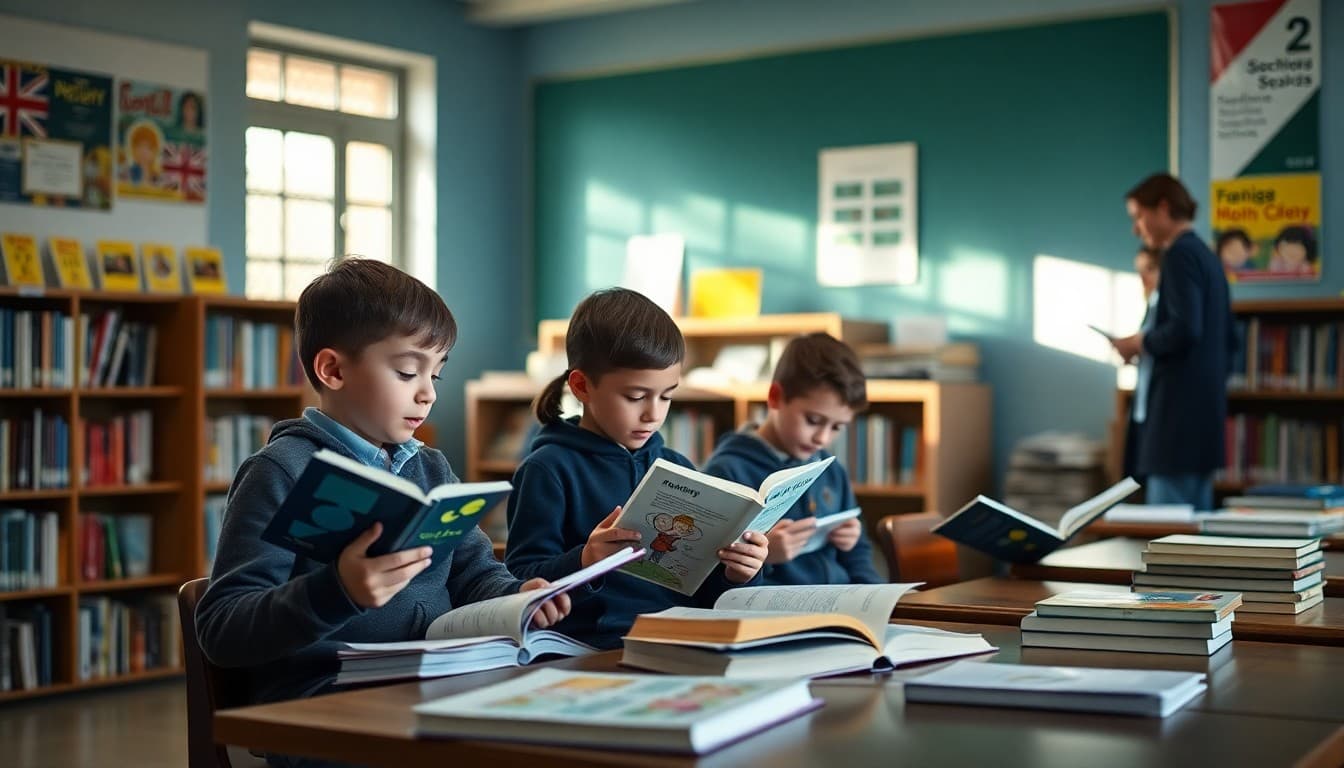 Young students reading books at a classroom library corner with a teacher nearby
