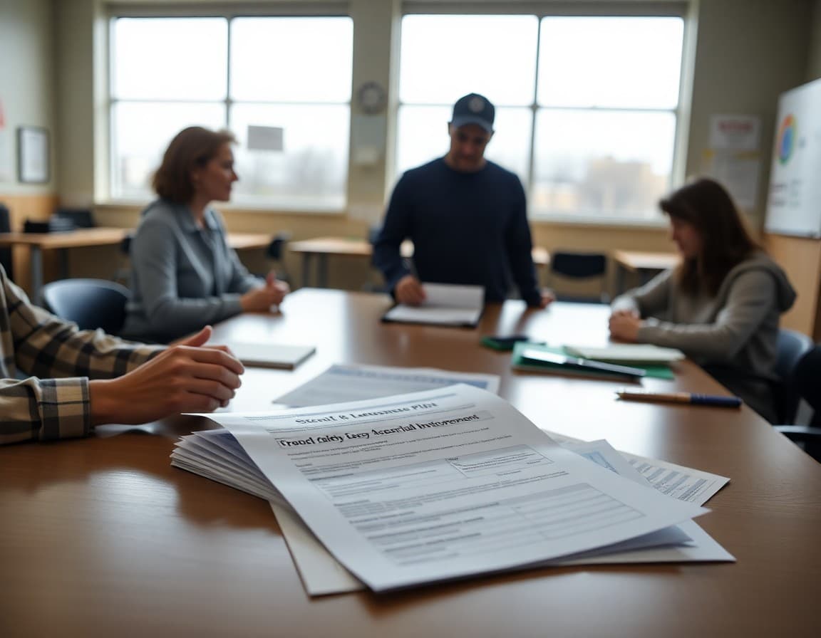 School safety assessment report and facility improvement plans laid out on a conference table