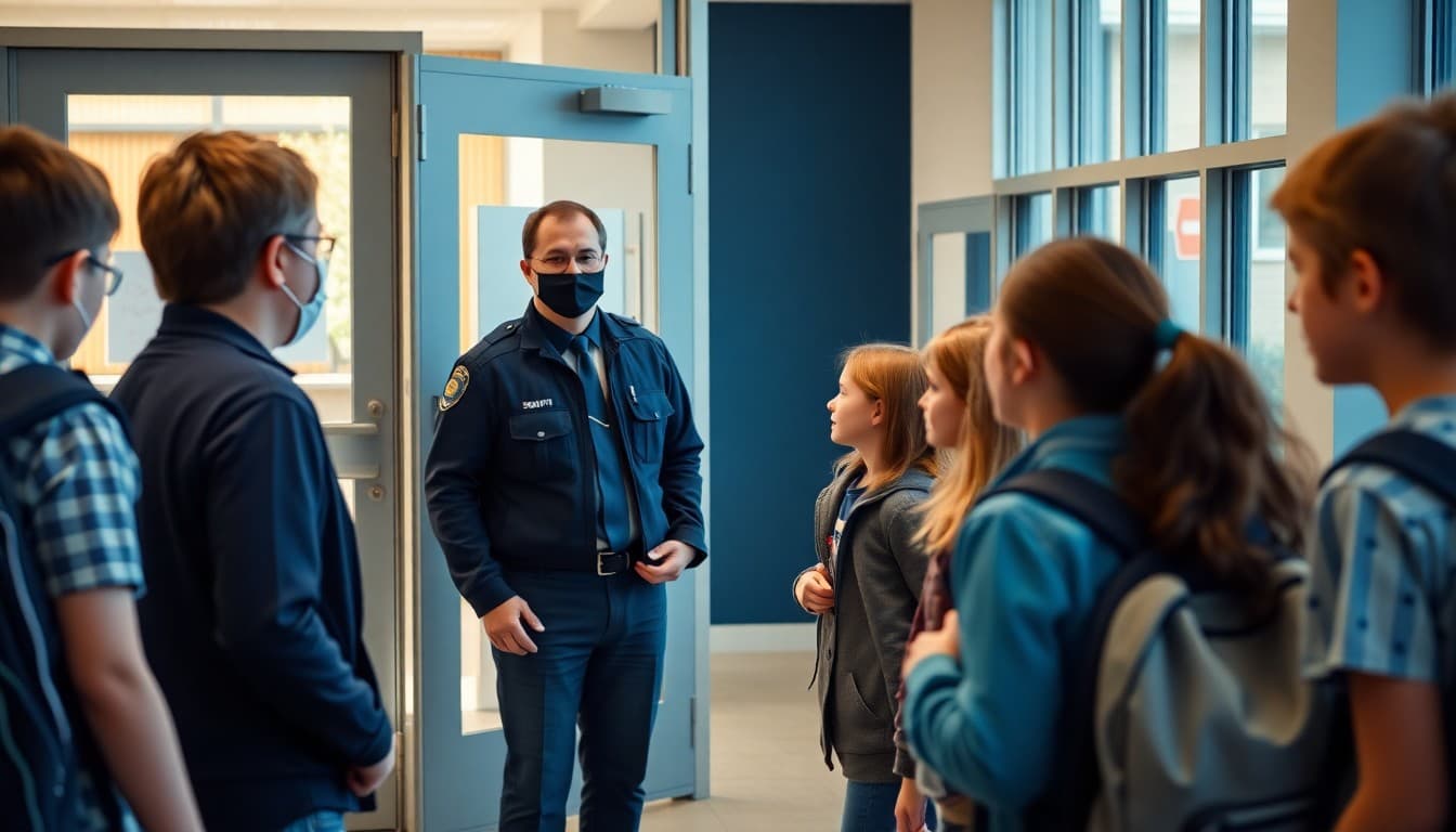 School security officer greeting students at a modern secured entrance with a visitor management system