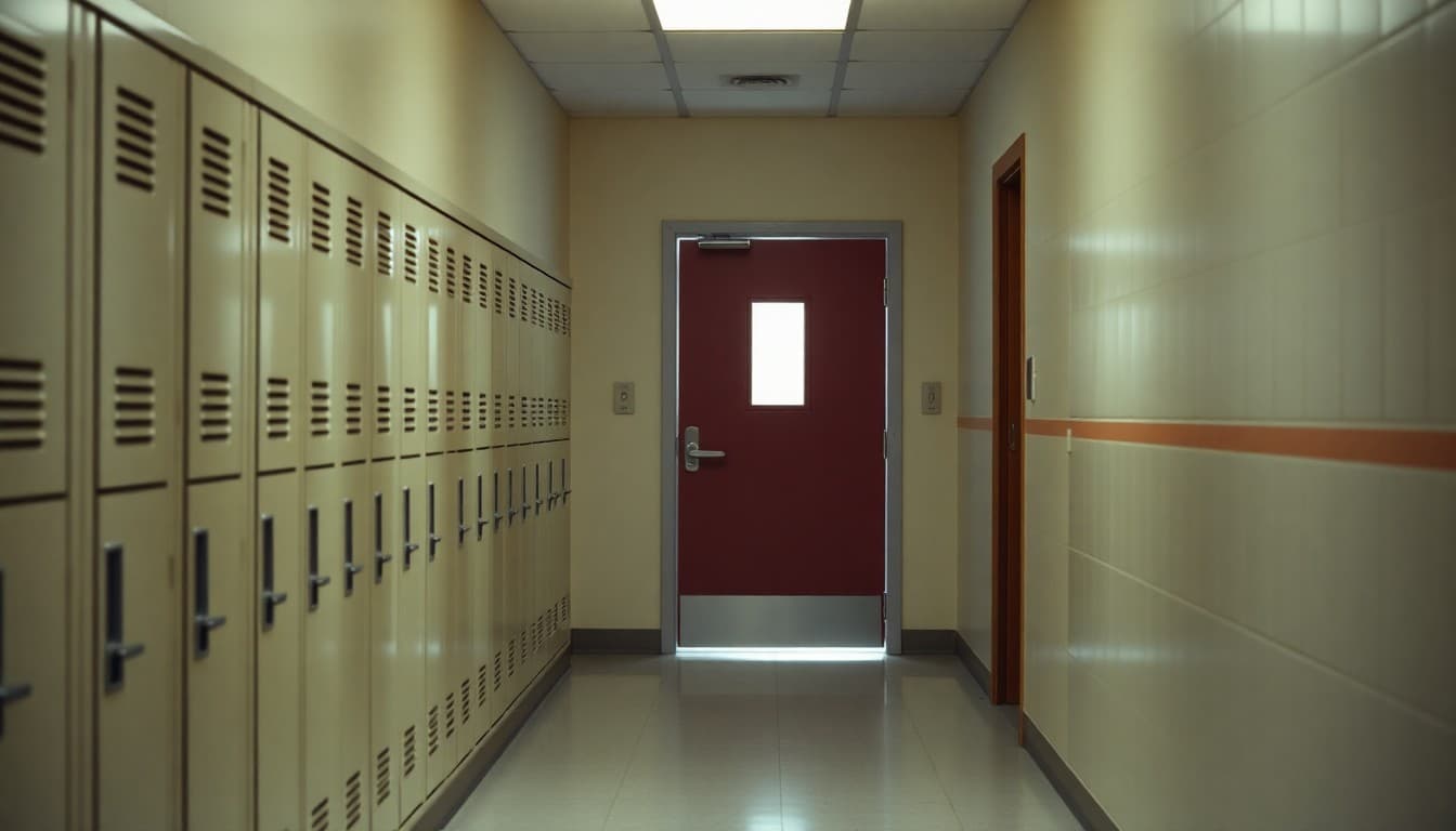 Empty school hallway with lockers and a closed classroom door during school consolidation process