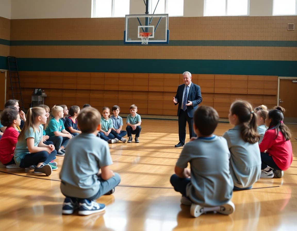 Principal leading a school community circle with students and staff in a gymnasium