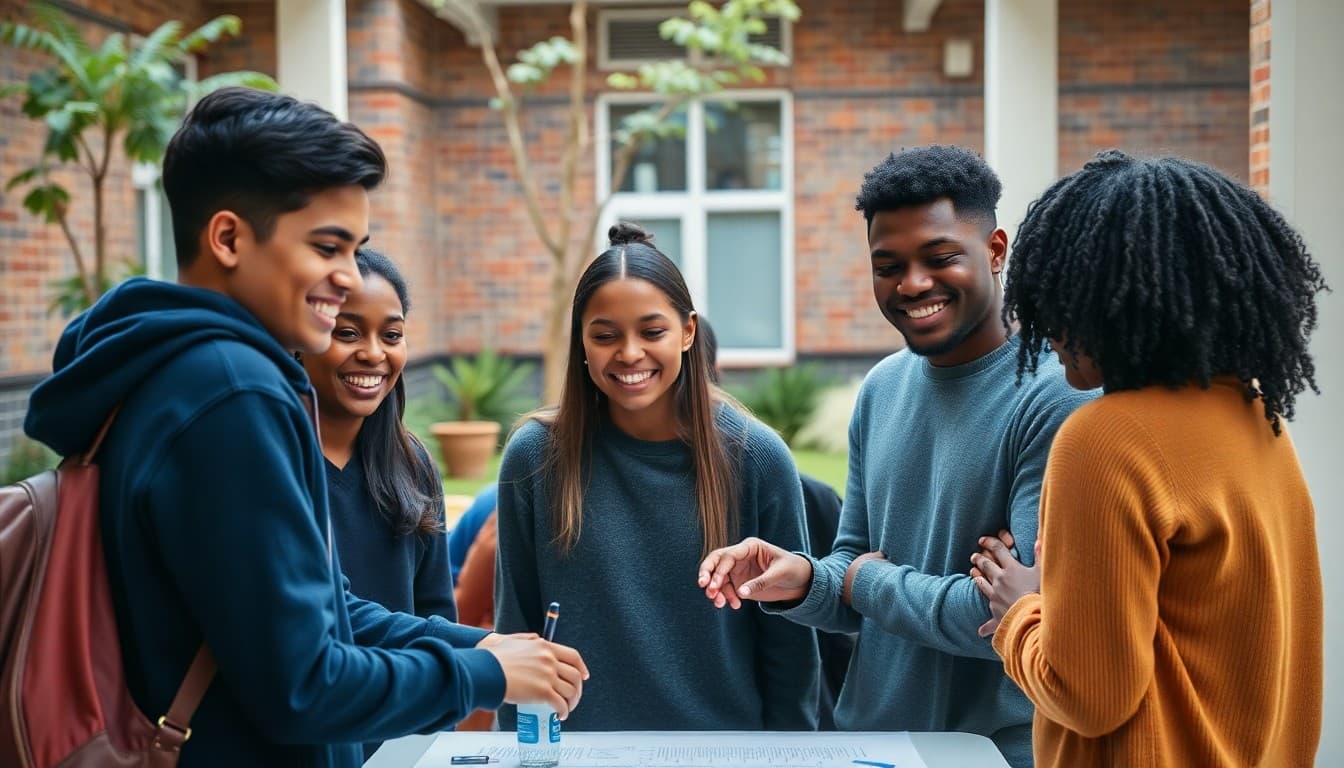 Diverse group of students smiling and working together on a project in a school courtyard