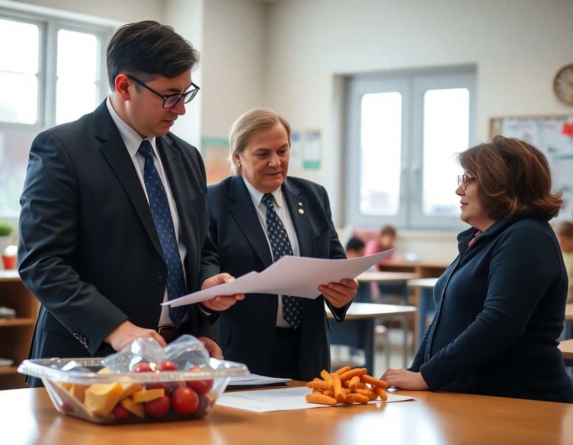 School nutrition director reviewing meal program information with a superintendent and parent