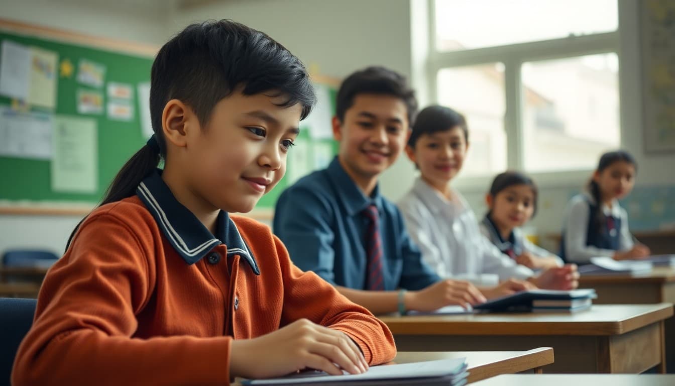Students and teachers in a school that has undergone a renewal transformation with new materials and energy