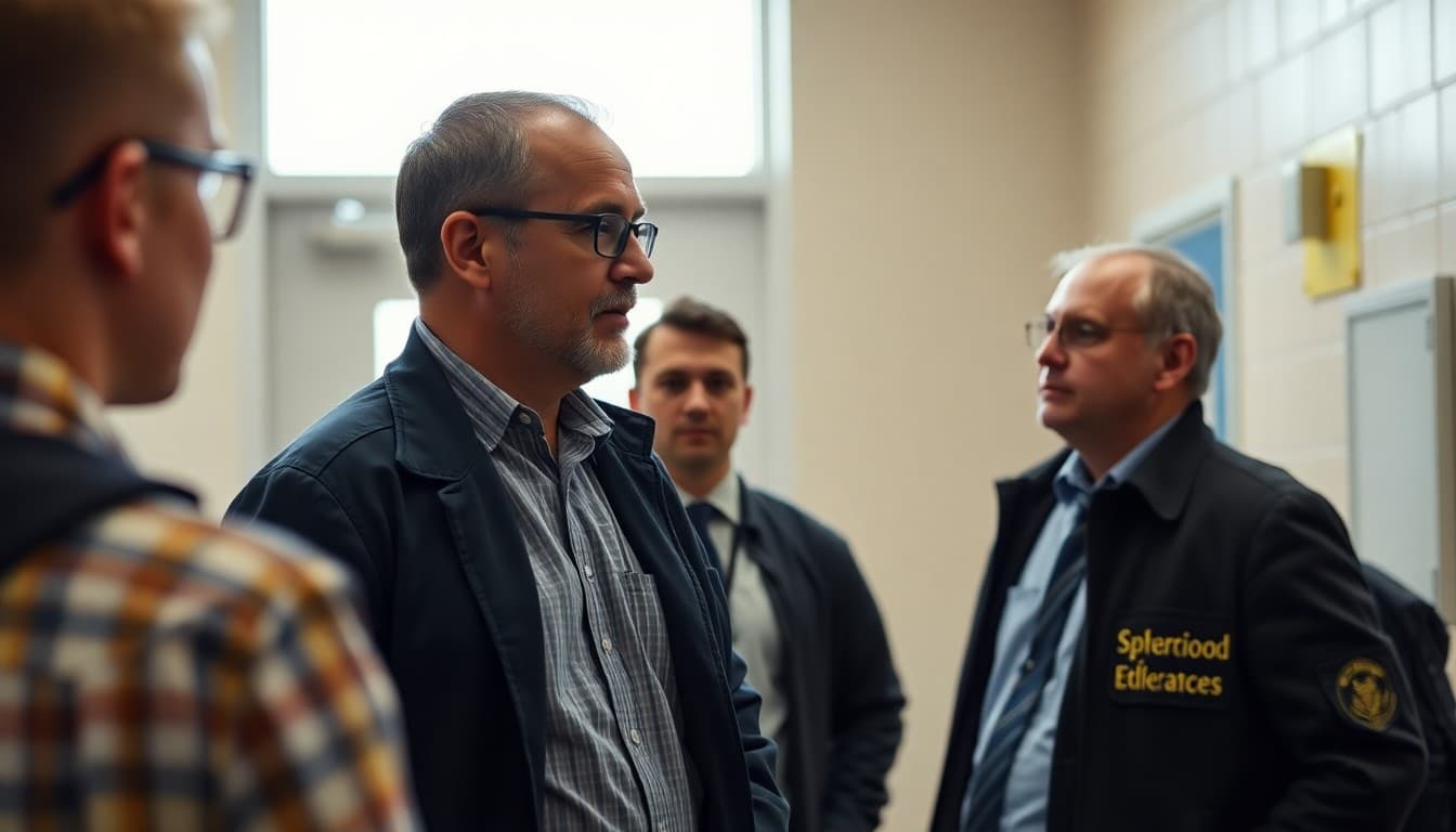 Safety consultant reviewing school entrance and security systems during a district safety audit