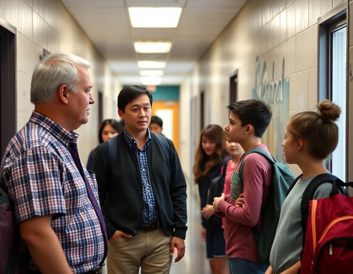Superintendent talking with students in a school hallway during an informal campus walk