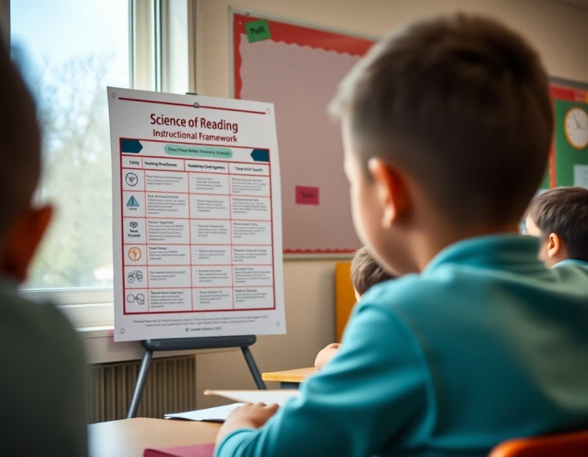Science of reading instructional framework poster displayed in an elementary school classroom
