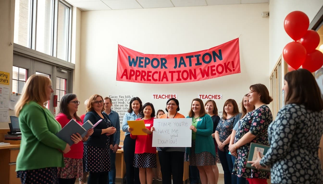 Teachers and school staff celebrating appreciation week with banners and decorations in a school lobby