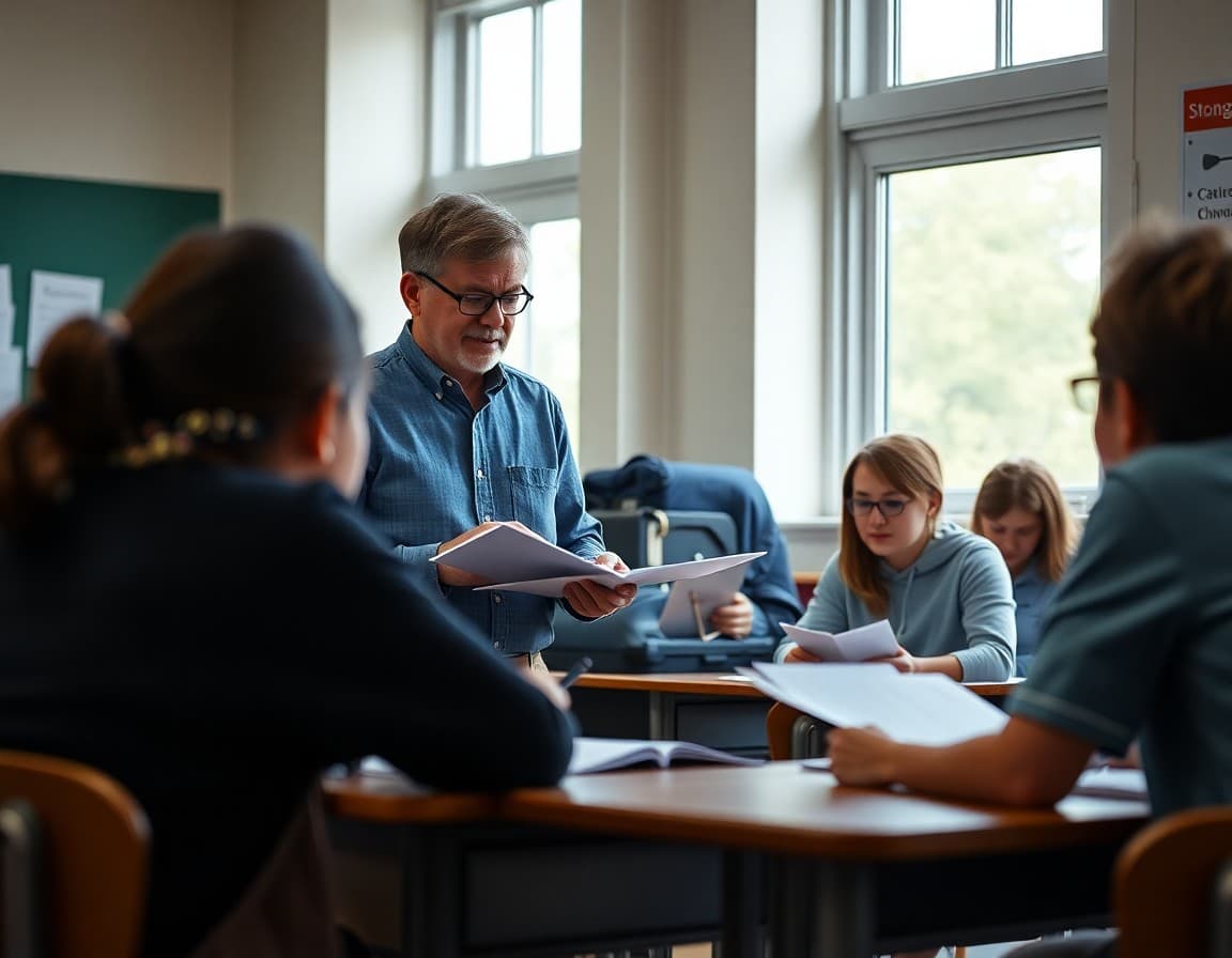Teacher reviewing test-taking strategies with students before state assessment week