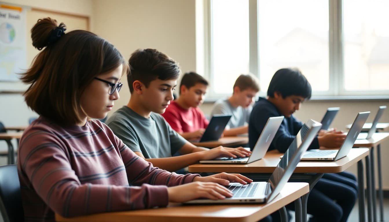 Students taking a state assessment test on Chromebooks in a quiet testing room
