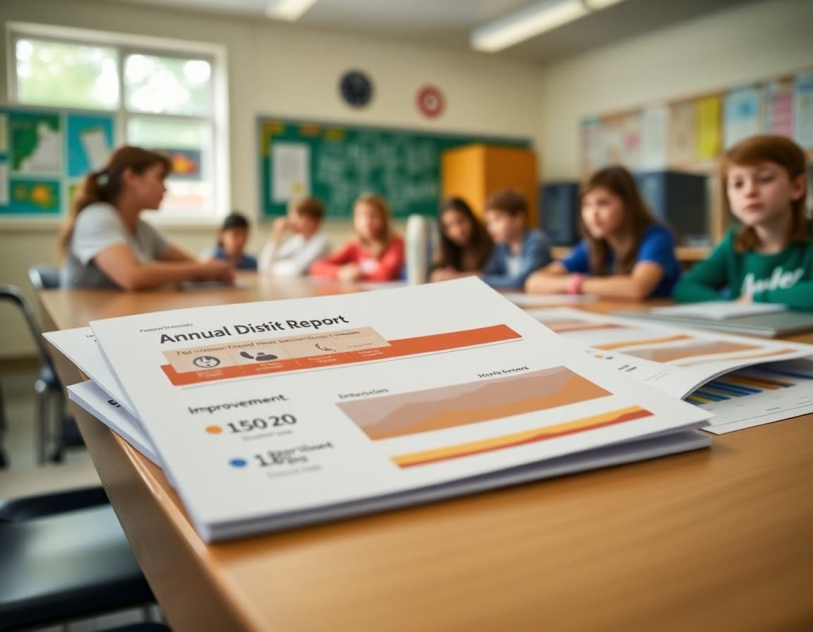 Annual district report with performance highlights and improvement areas laid out on a presentation table