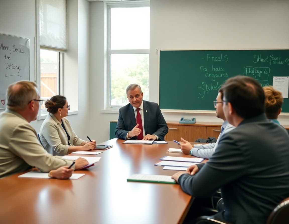 Superintendent presenting district results to visiting state officials at a conference table