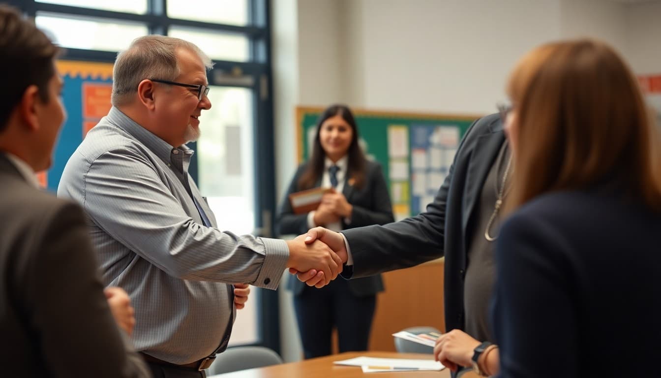 Superintendent and new deputy superintendent shaking hands at a district leadership welcome event