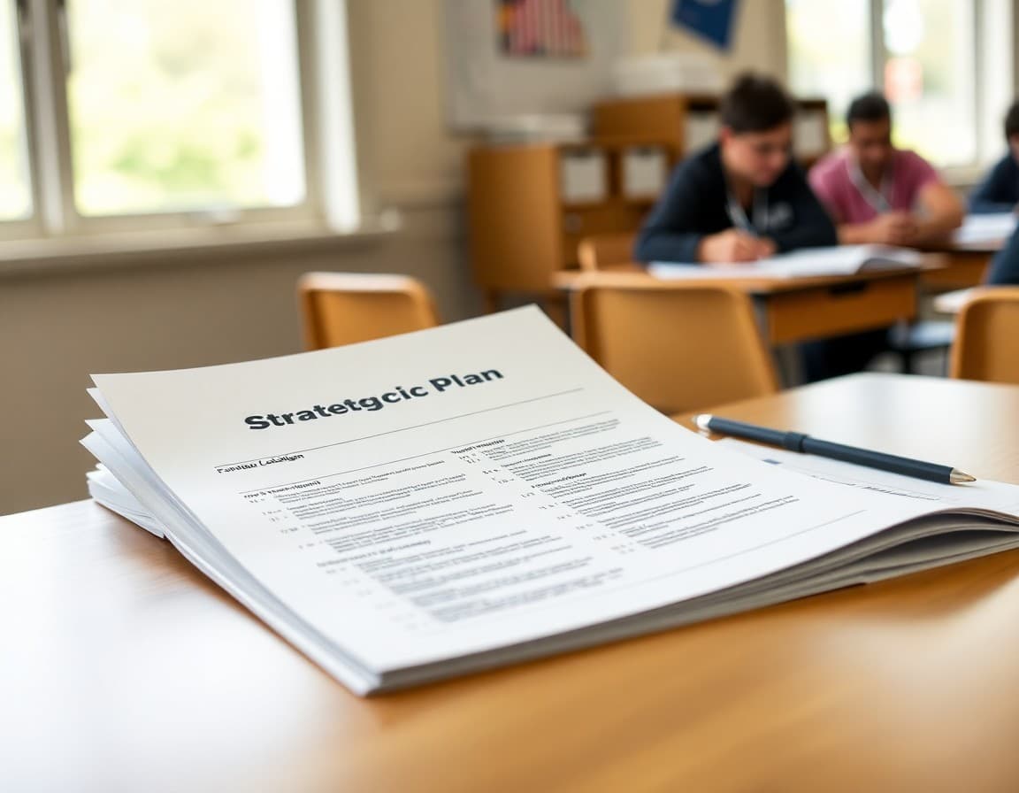 Strategic plan document open on a desk next to a school newsletter draft