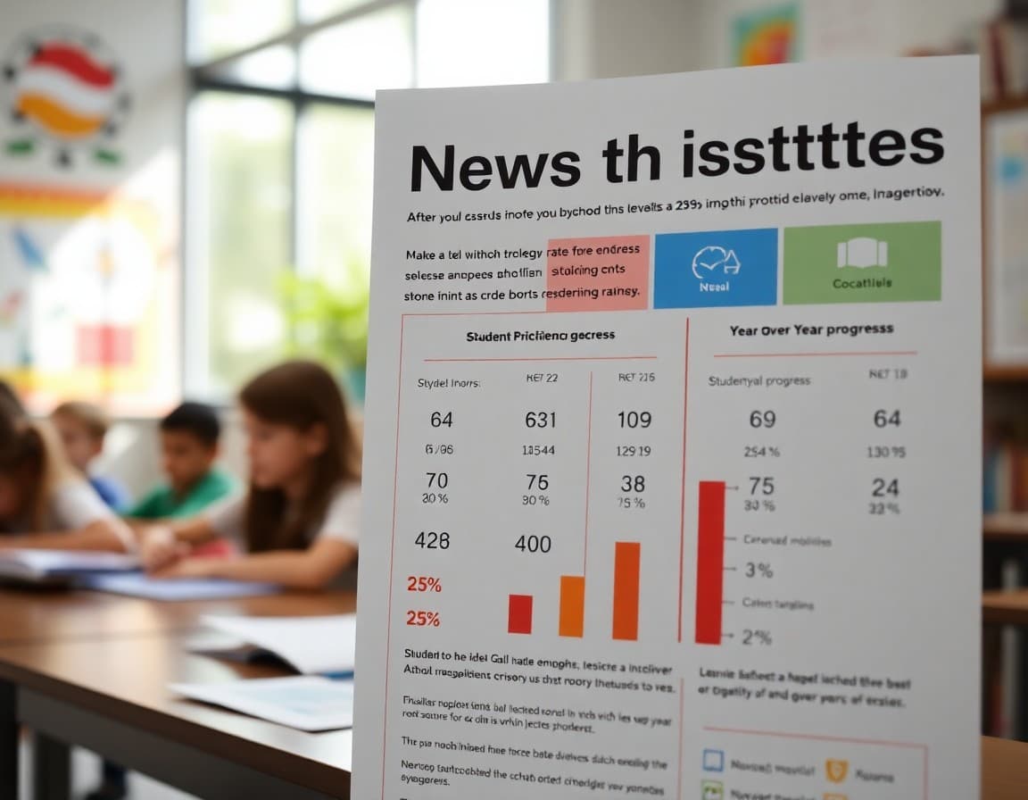 Infographic-style newsletter page showing student proficiency rates and year-over-year progress