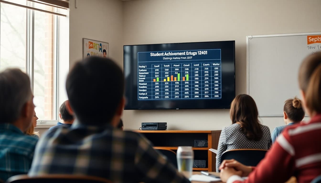 District administrator presenting student achievement data on a screen at a community meeting