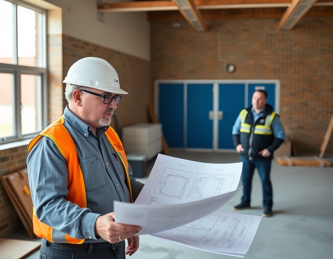 Superintendent reviewing facility renovation plans with a construction manager at a school site