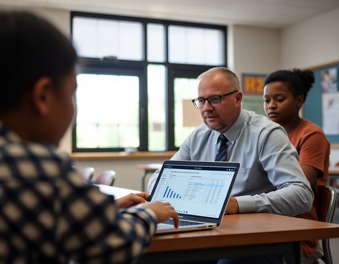 Superintendent reviewing summer school enrollment and outcome data on a laptop