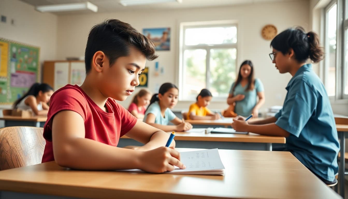 Students working at desks in a bright summer school classroom with a teacher nearby