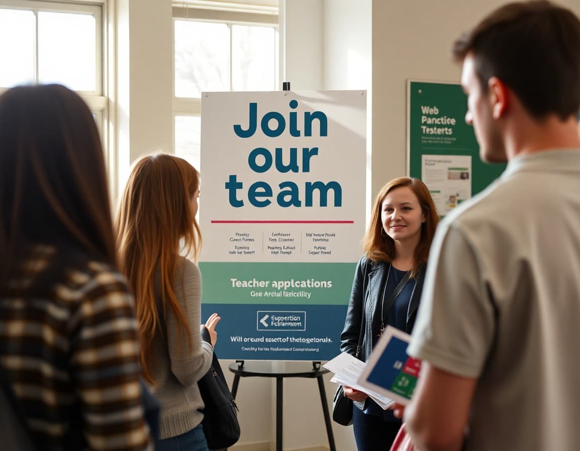 Join our team poster and teacher application materials at a school district recruitment event