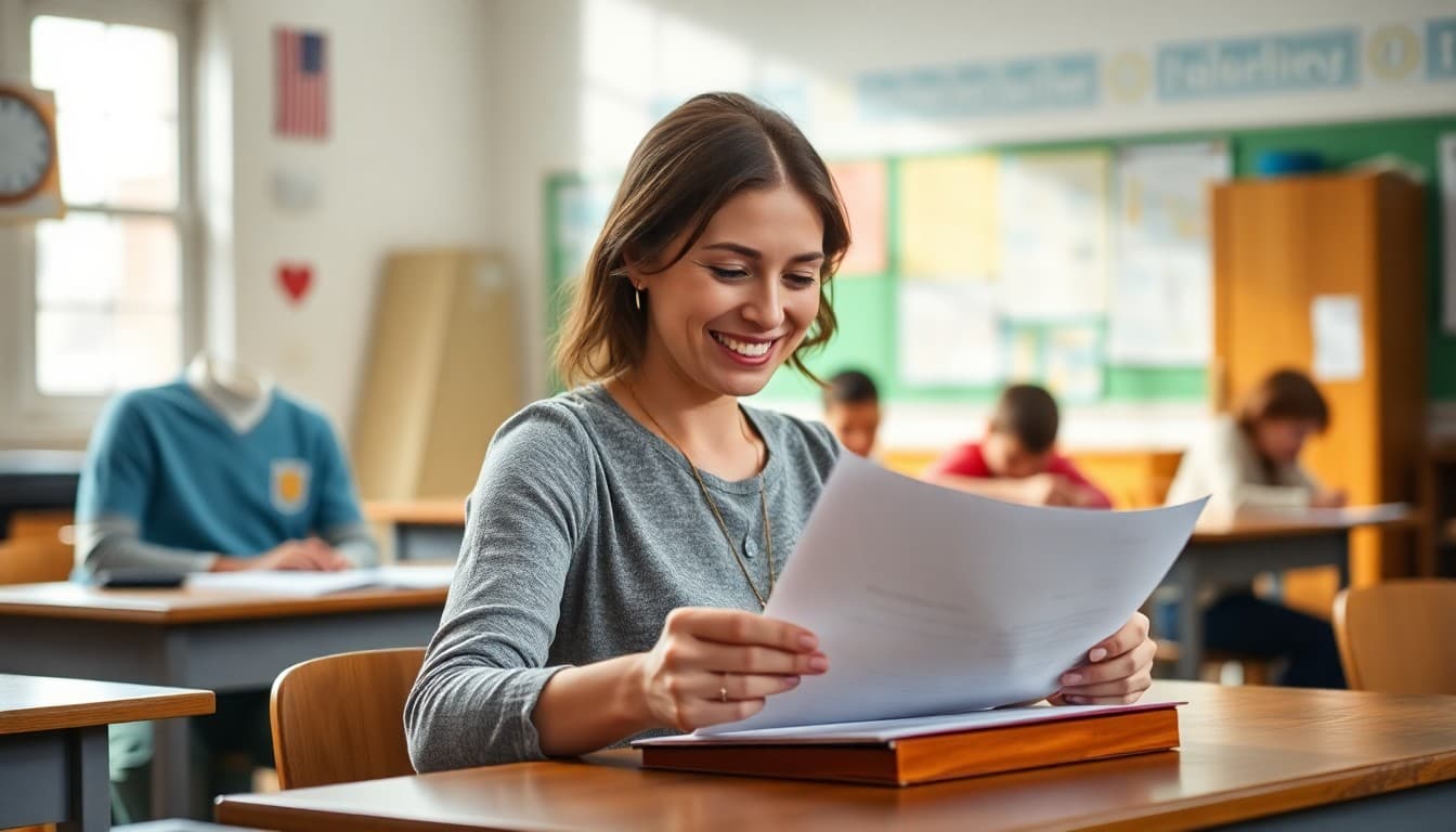 Teacher smiling at her desk reviewing a letter, school classroom in the background