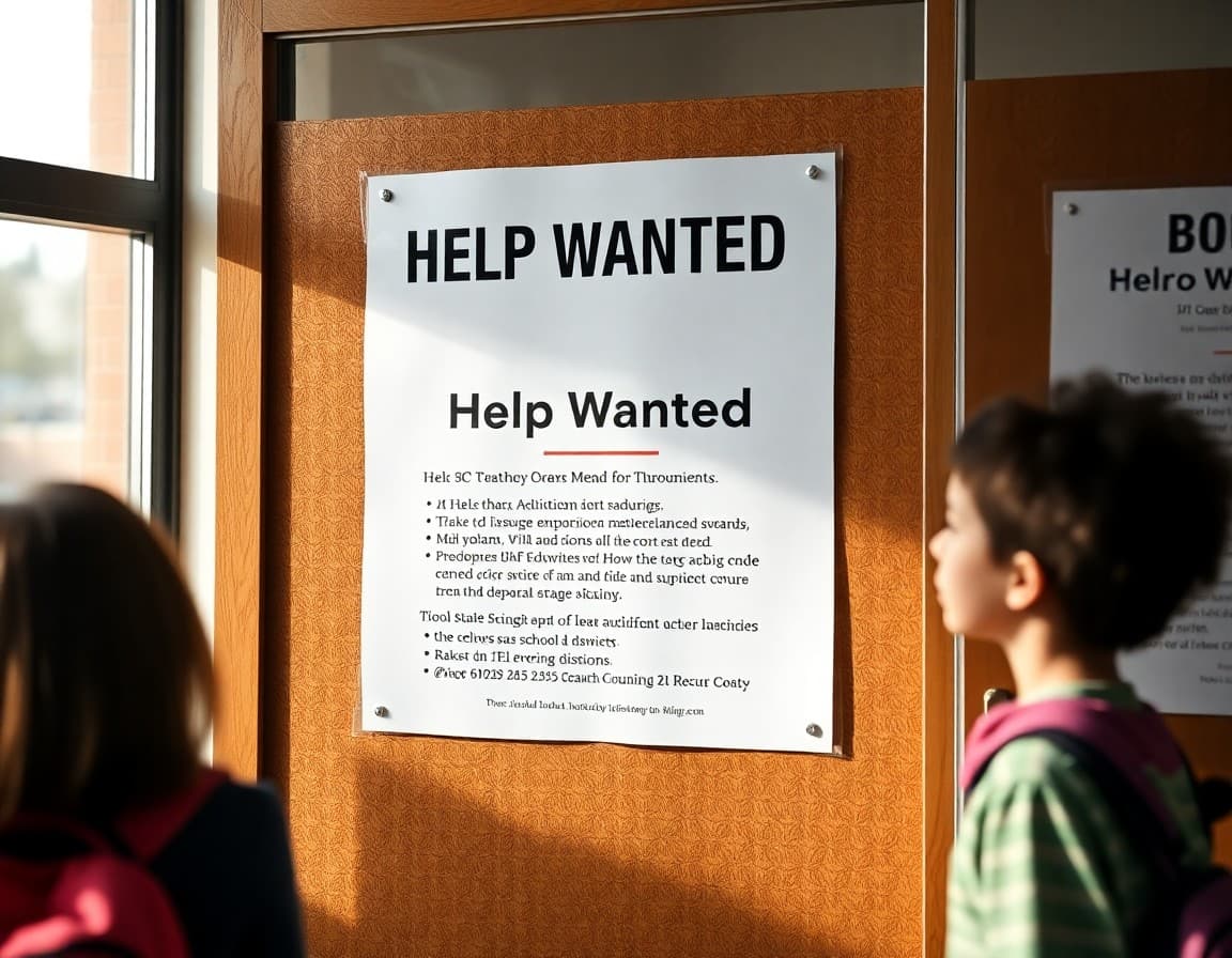 Help wanted sign for teacher positions posted on a school district bulletin board