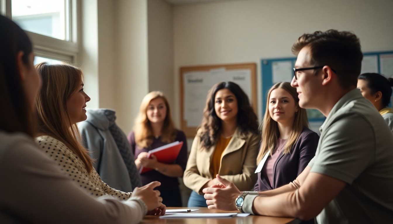 Superintendent meeting with new teacher recruits during a district hiring event at a school building